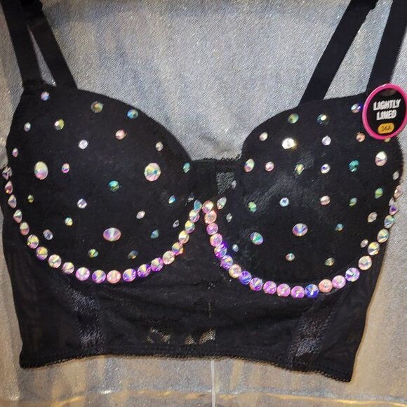 * New Black Lace Corset Push Up Bra with Crystal Embellishments - Picture 1 of 6